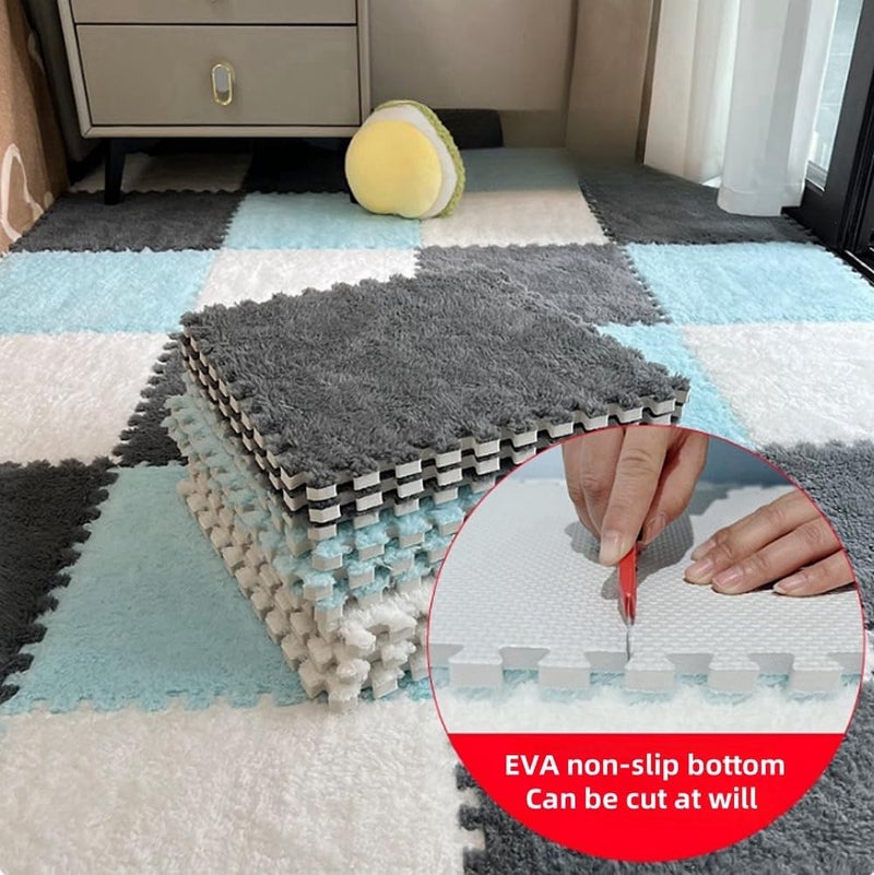 BXEBUI 12pcs Carpet Squares Puzzle Floor Mat, Plush Interlocking Carpet Tiles, Anti Slip EVA Foam Jigsaw Floor Tiles, Build A Safe Area for Bedroom Playroom (White+Blue+Pink) - Image 3